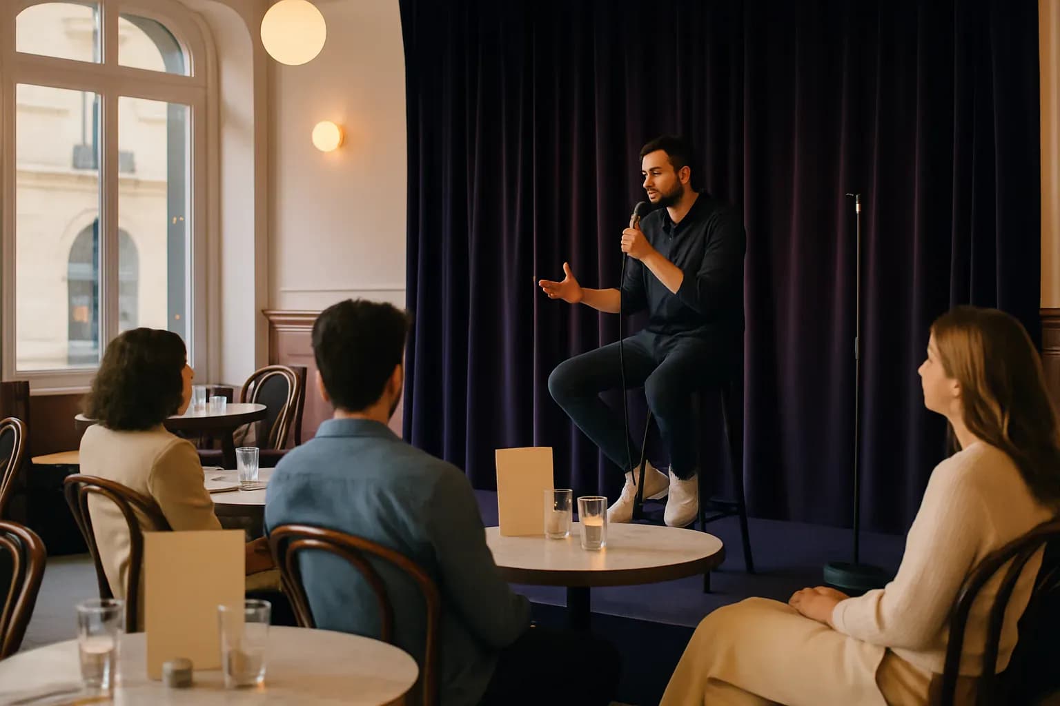 Plateau d'humoristes en stand-up dans un comedy club parisien, ambiance de soiree d'equipe